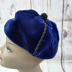 Vintage Womens Beret Hat Jauntee' Blue Velvet w/ Black Cord Trim